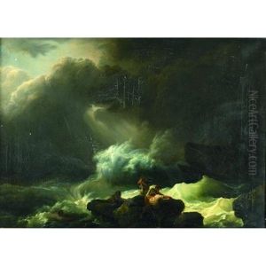A Stormy Sea With Sailors Ship Wrecked In The Foreground
