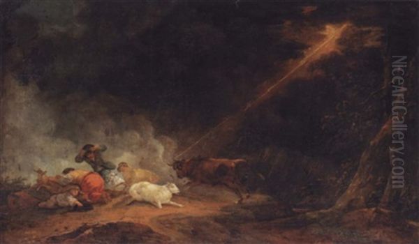 A Stormy Landscape With Shepherds And Their Flock Being Charged By A Bull - view 1