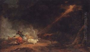 A Stormy Landscape With Shepherds And Their Flock Being Charged By A Bull by Philip James de Loutherbourg
