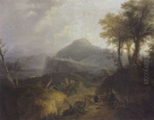 Gebirgslandschaft Mit Einer Befestigten Stadt Und Lagernden Soldaten