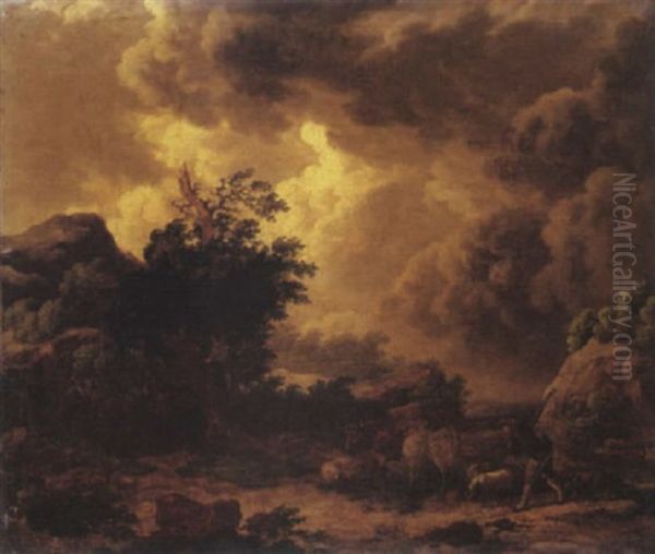 A Stormy Landscape With A Herdsman In A Rocky Path - view 1