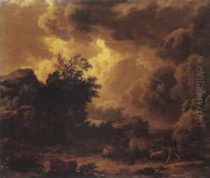 A Stormy Landscape With A Herdsman In A Rocky Path by Philip James de Loutherbourg
