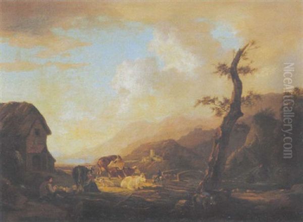 Abendliche Flusslandschaft Mit Bauern Und Tieren - view 1