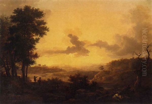 An Extensive Valley Landscape At Sunset With Figures And Cattle - view 1