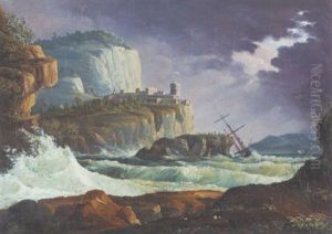 Schiffbruch Vor Felsiger Kuste: Ein Zweimaster Sinkt Vor Der Klippe, Auf Die Sich Schiffbruchige Gerettet Haben by Philip James de Loutherbourg