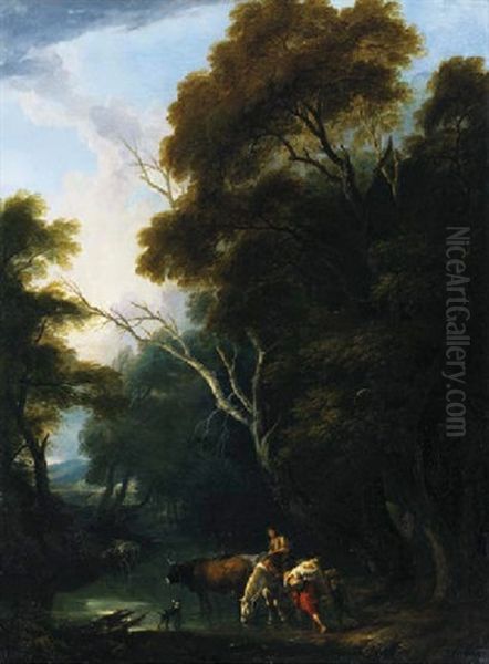 A Wooded Landscape With Drovers At A Ford - view 1