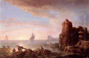 Coastal Landscape At Sunset With Fishermen, Ruins Beyond Coastal Landscape At Sunset With Fishermen, Ruins Beyond