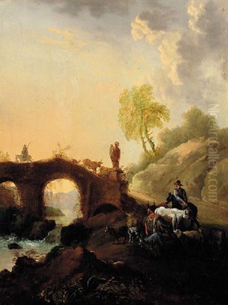 An Italianate River Landscape With Shepherds On A Bridge - view 1