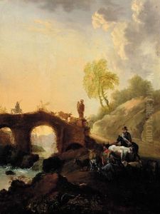 An Italianate River Landscape With Shepherds On A Bridge by Philip James de Loutherbourg