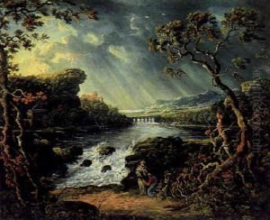 Fluslandschaft Mit Einer Burgruine, Einer Steinernen Bogenbrucke Und Figuren by Philip James de Loutherbourg