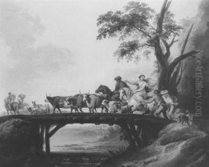 A Train Of Cowherds And Shepherdesses With Their Livestock Crossing A Wooden Bridge In An Italianate Landscape by Philip James de Loutherbourg