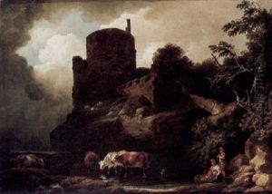 Landscape With Cattle Watering And Figures By A Castle by Philip James de Loutherbourg