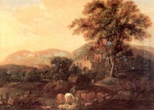 A Wooded Hilly Landscape With A Castle Ruin Herdsmen And Herd by Philip James de Loutherbourg