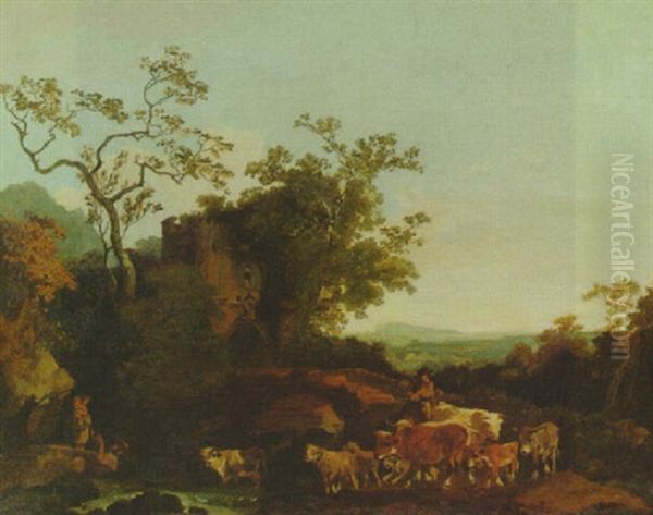 A Wooded River Landscape With A Herdman Fording A Stream - view 1