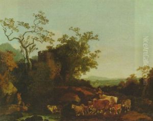 A Wooded River Landscape With A Herdman Fording A Stream