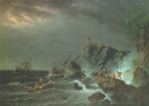 A Rocky Coast In Storm With A Shipwrecked Sailing Boat And Fishermen Casting A Rope To A Rowing Boat In Peril