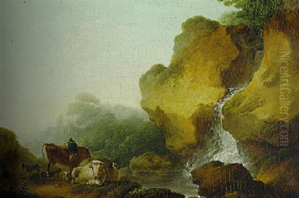 A Rocky Landscape With Herdsmen Resting Before A Waterfall - view 1