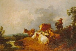 Traveller On A Path, Cattle And A Donkey Resting By A Stream In A Wooded Landscape by Philip James de Loutherbourg