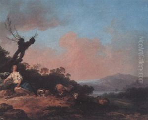 Shepherdess Resting With Her Flock And Dog In A Mountainous Landscape by Philip James de Loutherbourg