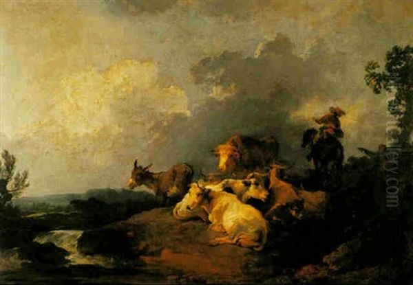 Traveller On A Path, Cattle And A Donkey Resting By Stream In A Wooded Landscape - view 1