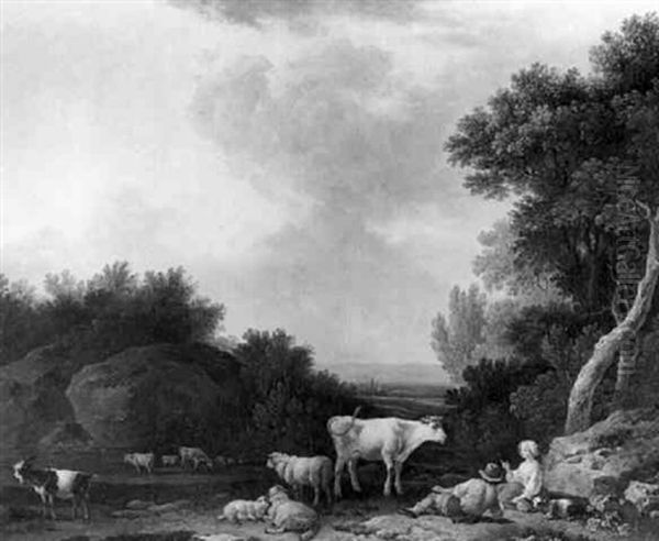Bergers Et Troupeau Dans Un Paysage - view 1