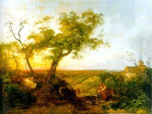 The Roman Campagna With Travellers On A Path, The Hilltop Town Of Neme Beyond by Philip James de Loutherbourg