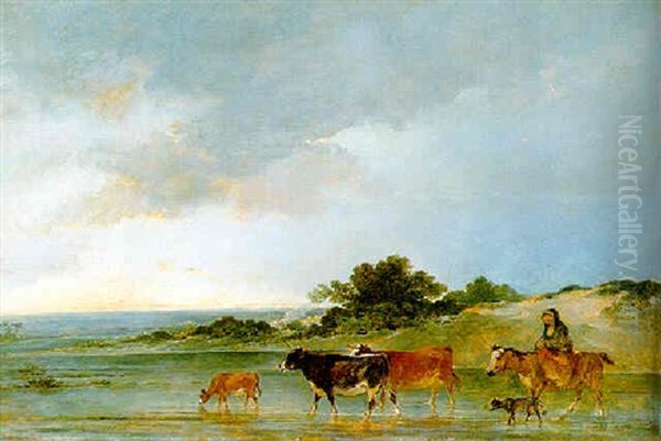 A Mounted Peasant And Her Cattle Fording Stream - view 1