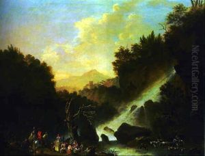 A Mountainous River Landscape With Travellers On A Track By A Waterfall, A Drover Watering Cattle Beyond by Philip James de Loutherbourg