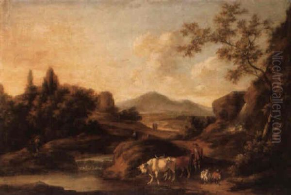 An Extensive Italianate Landscape With A Drover, Cattle And Goats - view 1