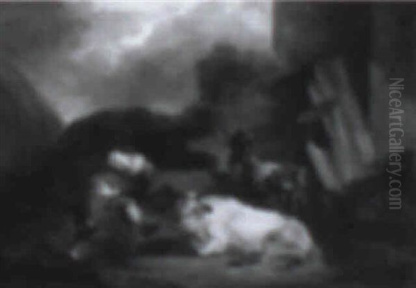 A Farmer Asleep In A Barnyard With A Bull And Donkey - view 1