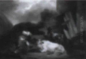 A Farmer Asleep In A Barnyard With A Bull And Donkey by Philip James de Loutherbourg