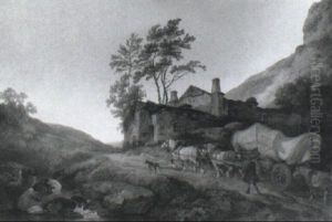 Rocky River Landscape With Wagon On Path By Farm by Philip James de Loutherbourg