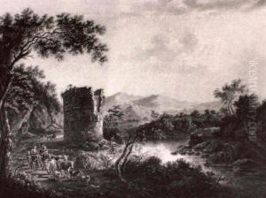 Fluslandschaft Mit Einem Verfallenen Turm Und Hirten Fluslandschaft Mit Einem Verfallenen Turm Und Hirten