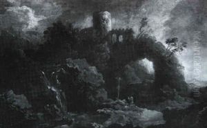 Gebirgslandschaft Mit Wasserfall Und Einem Einsiedler by Philip James de Loutherbourg