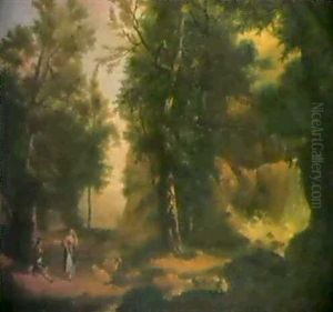 Figures And Sheep Before A Waterfall In A Wooded Landscape, A Town Beyond by Philip James de Loutherbourg