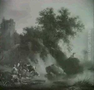Flodlandskab Med Kvaeg, Der Vandes Og Jaegere Flodlandskab Med Kvaeg, Der Vandes Og Jaegere