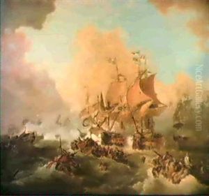 The Battle Of Ushant, The Glorious First Of June, 1794, Showing Lord Howes' Flagship "the Queen Charlotte" Closing Up On The... by Philip James de Loutherbourg