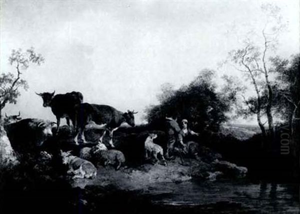 Landscape With A Cowherd With His Herd And A Peasant Girl Bya Stream - view 1