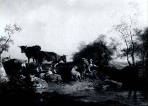 Landscape With A Cowherd With His Herd And A Peasant Girl Bya Stream