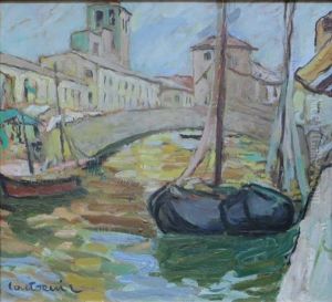 Bateaux Amarres Dans Un Canal by Maurice Albert Loutreuil