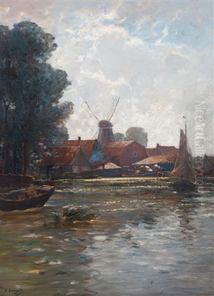 Hollands Landschap Met Boerderij En Molen Aan Een Vaart - view 1