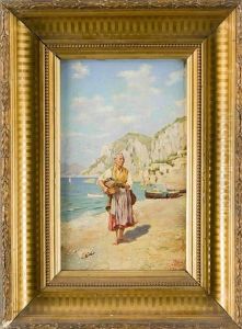 Fischverkauferin Am Strand Von Capri by Augusto Lovatti