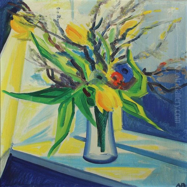 A Vase With Tulips Ad Branches In A Widow Sill - view 1