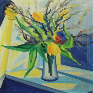 A Vase With Tulips Ad Branches In A Widow Sill by Axel Bentzen