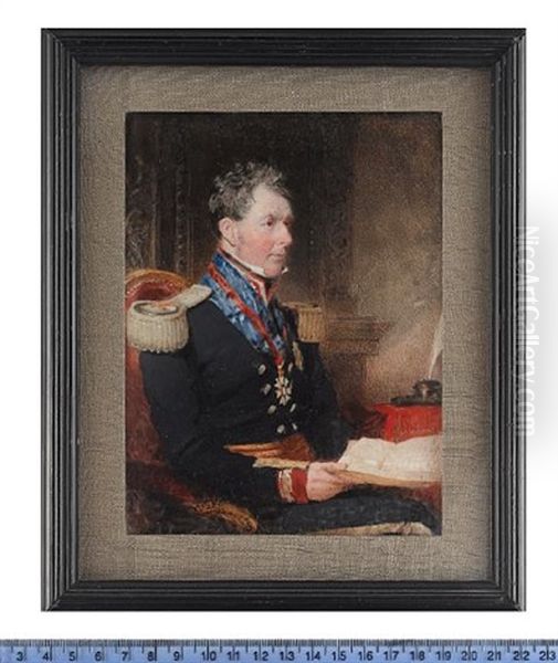 A Member Of The Diplomatic Service, Seated Before A Fireplace And Overmantle Mirror, A Quill And Ink Pot On A Table To His Left, Holding Papers - view 1