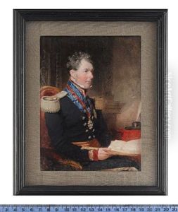 A Member Of The Diplomatic Service, Seated Before A Fireplace And Overmantle Mirror, A Quill And Ink Pot On A Table To His Left, Holding Papers