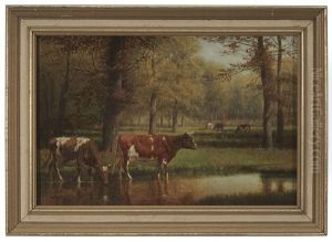 Cows Watering In A Stream by Clinton Loveridge