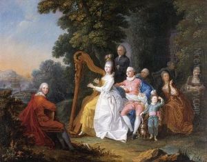 An Elegant Party In The Countryside With A Lady Playing The Harp And A Gentleman Playing The Guitar by Pierre-Michel de Lovinfosse