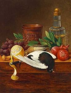 Nature Morte Med Skraellet Citron, Log, Druer, Fugl, Baeger Og En Karaffel