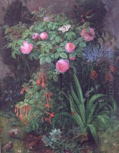 Rosentrae Omgivet Af Passionsblomster Og Fuchsia, Desuden Graspurve Og Sommerfugl by Christine Marie Lovmand